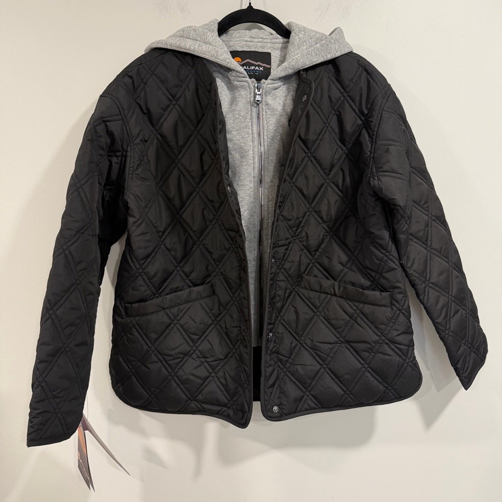 Halifax Women's Quilted Jacket Removable Hooded Bib Water resistant Black Sz S/P